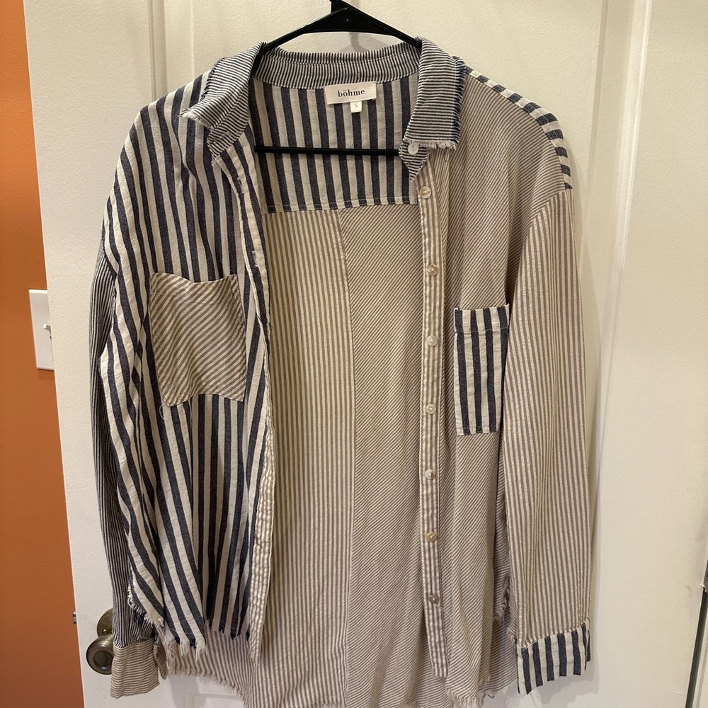 Bohme Blue, White, & Tan Striped Button-Up Shirt
